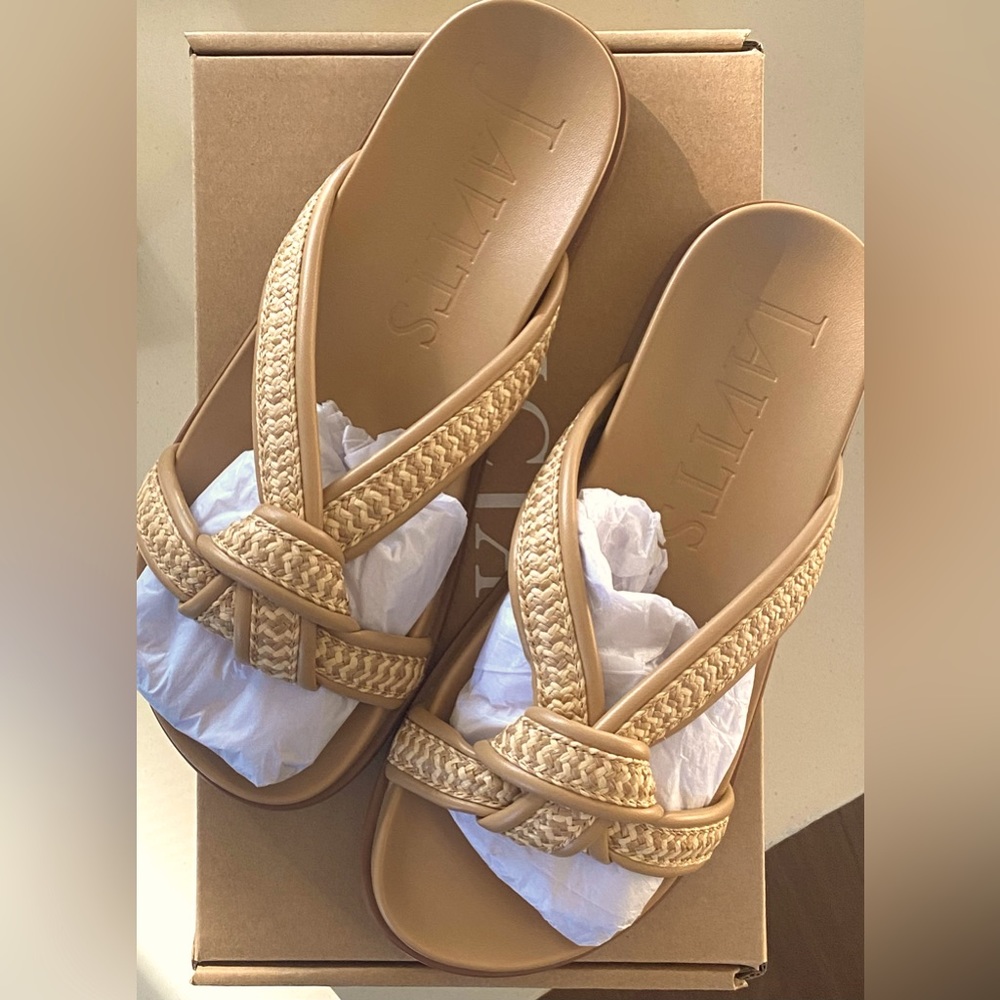 ERIC JAVITS NIB NOTTI RAFFIA PADDED SLIDE IN PEANUT Size 8 Retail $145